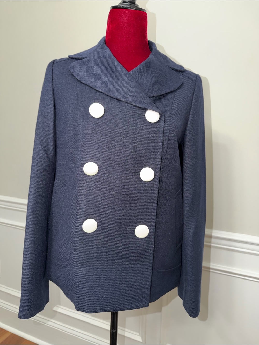 Vintage LINE by LYNN Navy Blue Double-Breasted Jacket Coat White Buttons Size 3